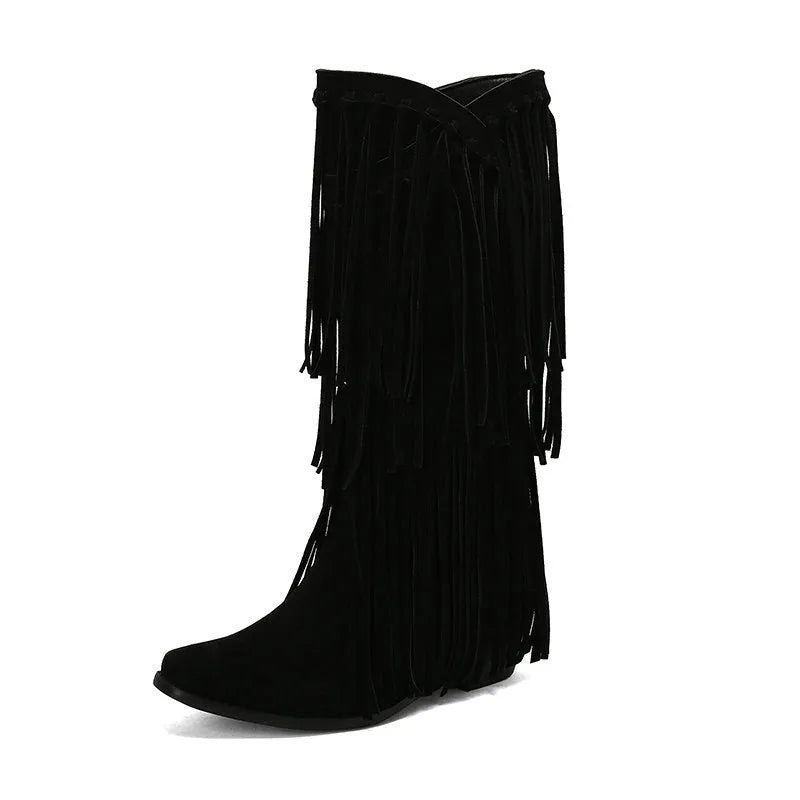 Women's suede mid-calf boots with square toe, tassel detail, and chunky heel in beige colour option