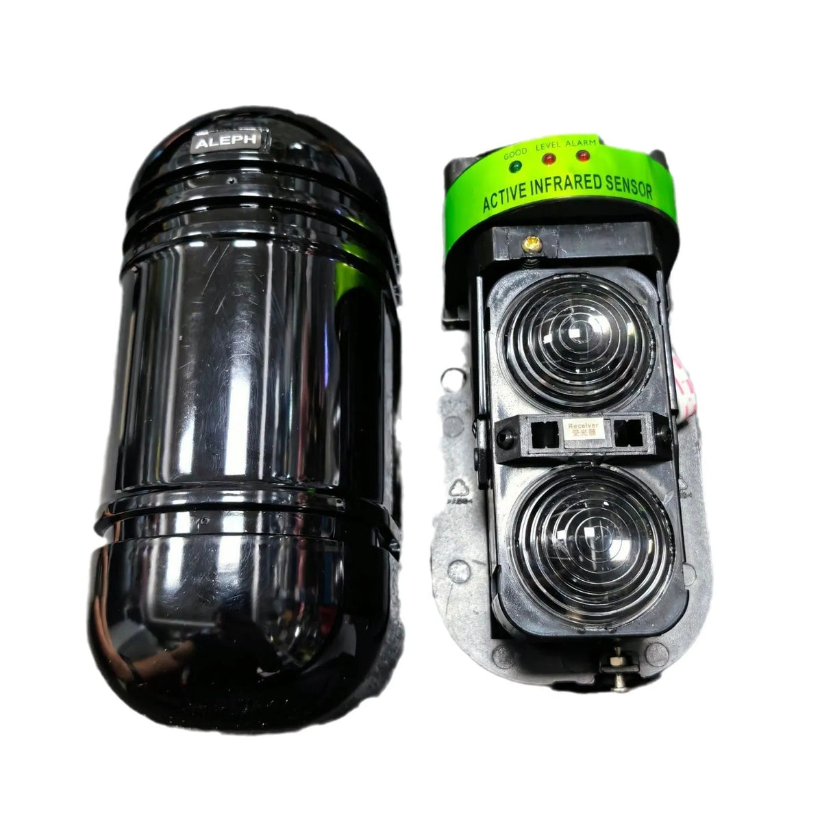 A pair of black infrared detector units for a wired anti-theft alarm system with a 150-metre range.