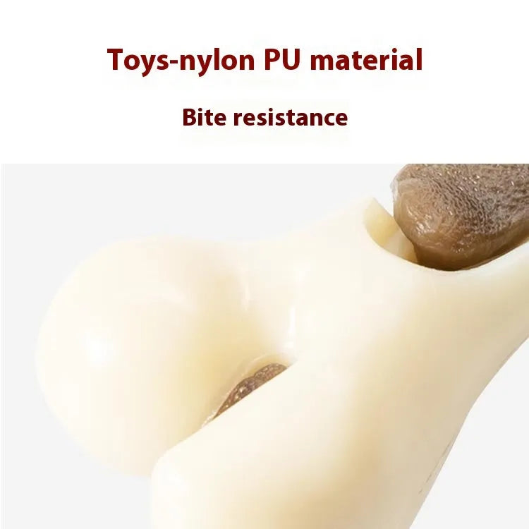 Bone-shaped dog chew toy with cowhide and nylon construction for dental cleaning