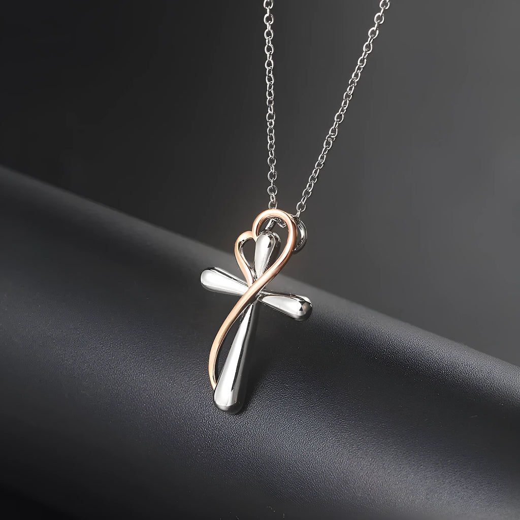 Heart-shaped cross necklace with color separation electroplating white gold colour copper pendant on adjustable chain