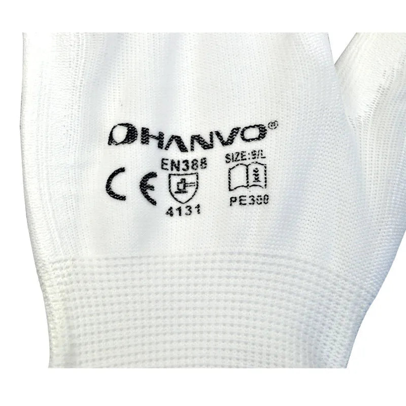 White PU coated labour gloves showing palm coating and 24cm length