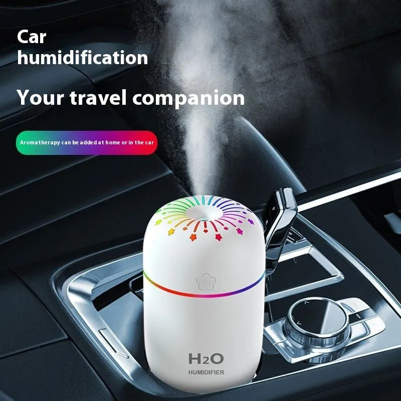 Compact white USB desk humidifier with 300ml water tank measuring 75x75x116mm