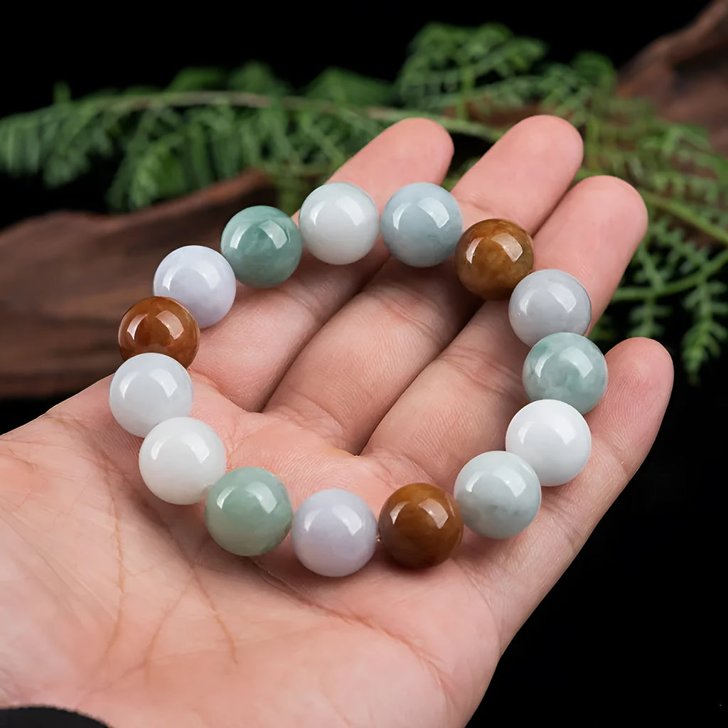 Women's Myanmar jade bracelet with three-colour 13mm round beads and certificate