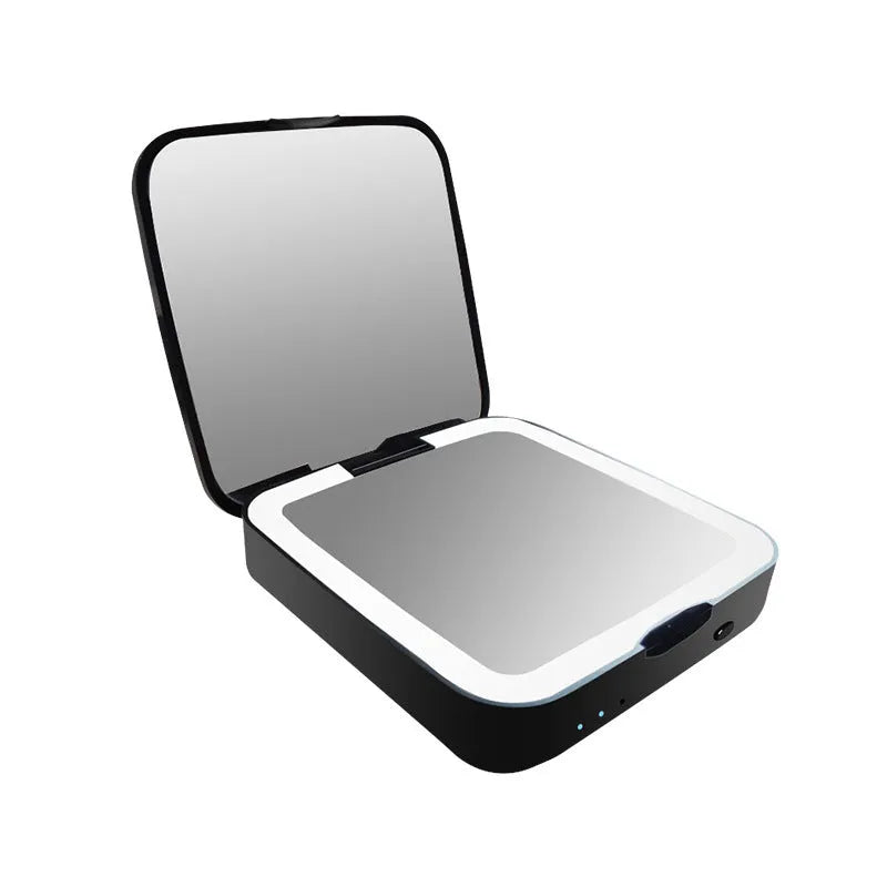 Black and white lighted makeup mirror showing dual HD and 4x magnification panels with adjustable LED lighting.
