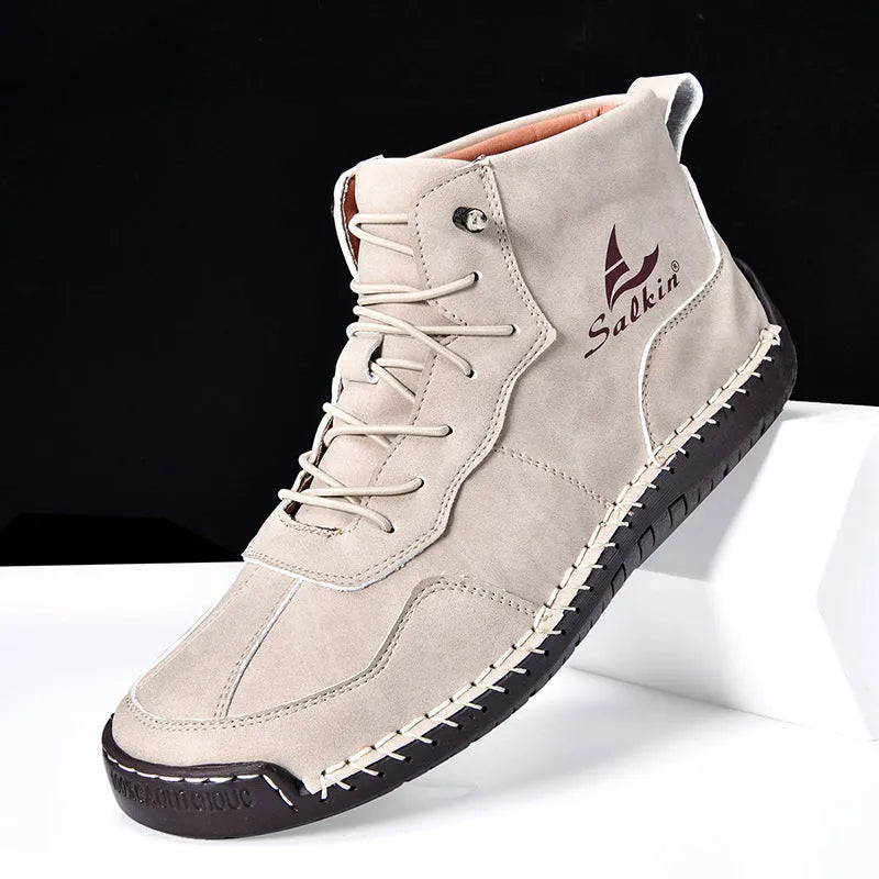 Beige high-top casual boots with elastic band and flat rubber sole