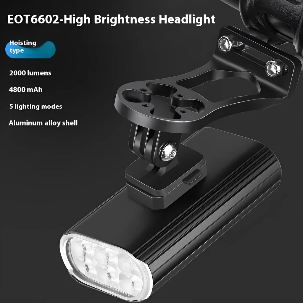 Aluminium alloy bicycle headlight with 2000LM output and USB Type-C charging port.