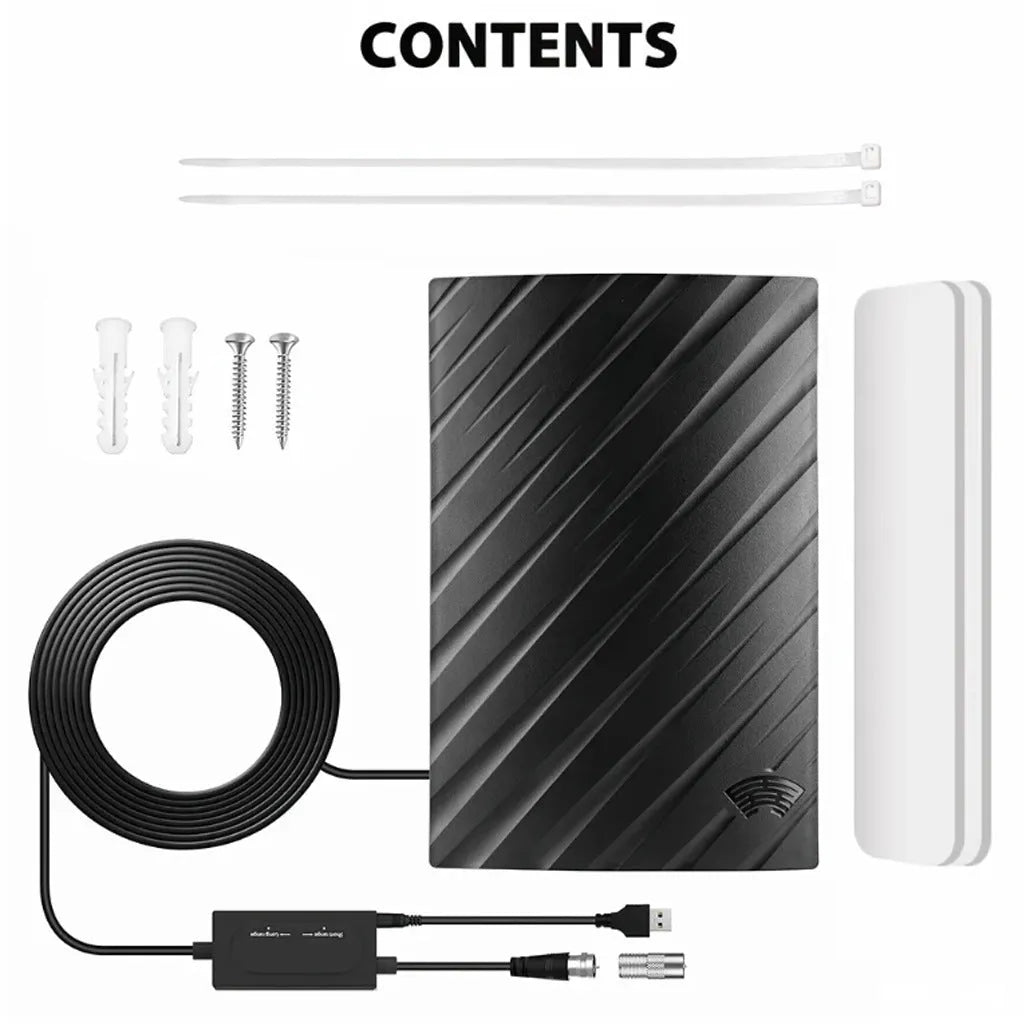Black plastic HD digital television antenna measuring 18x16x7cm with mounting accessories