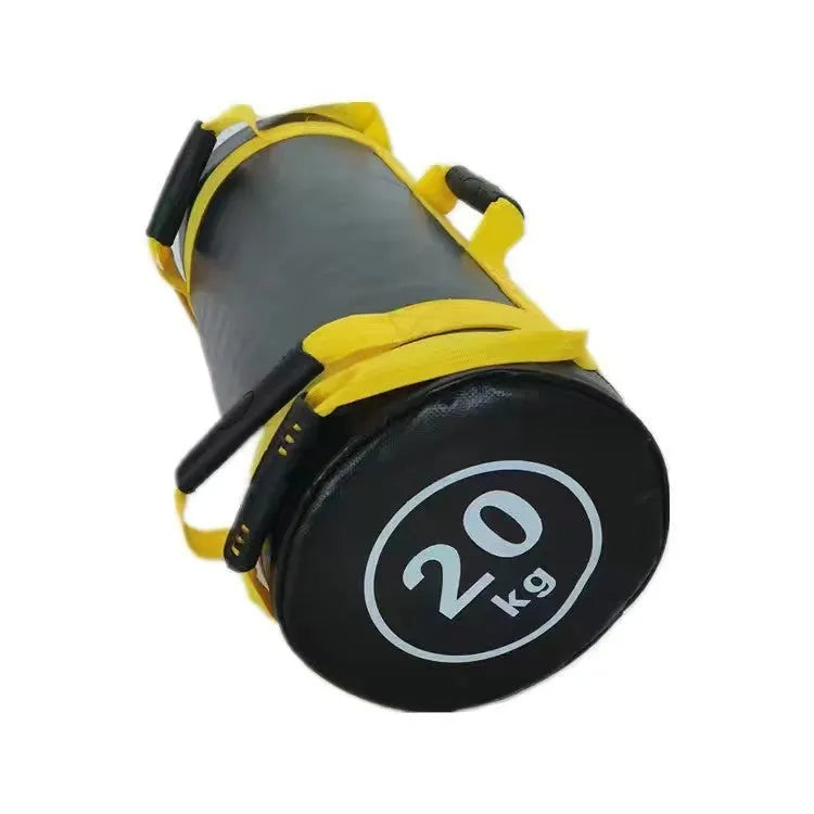 Flat white PVC gym sandbag for weight training, shown with weight options from 5kg to 30kg.