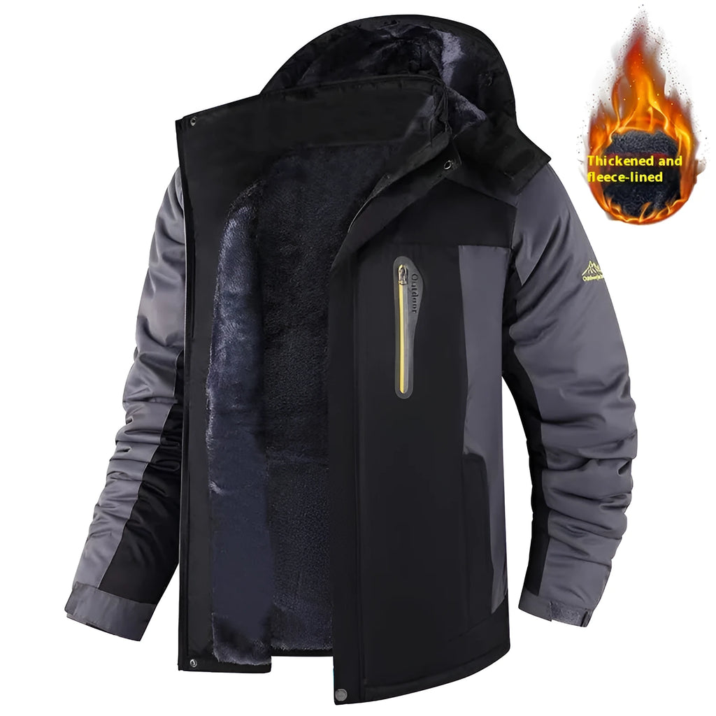 Men's mid-length fleece coat in black, polyester outer, coral fleece lining, non-ironing, sizes L to 5XL
