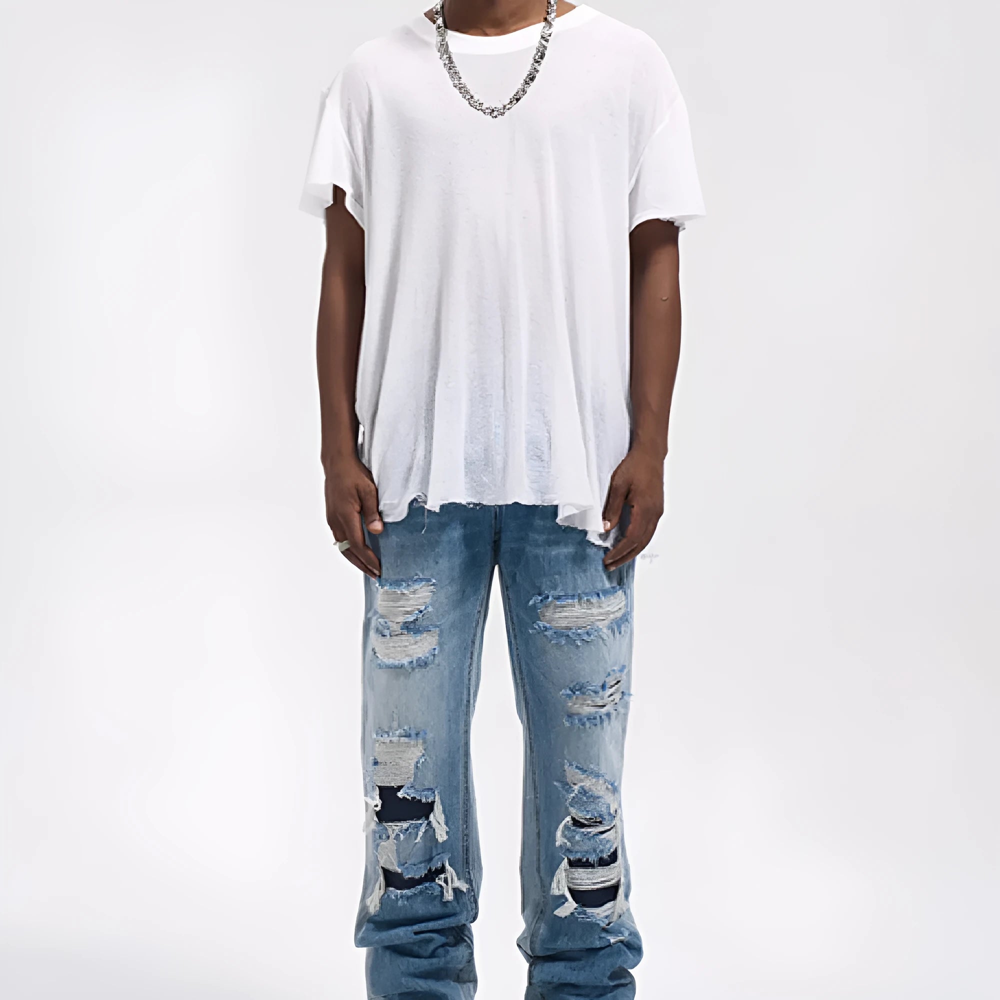 Vintage loose casual jeans for men in wash blue denim with relaxed fit and straight leg design