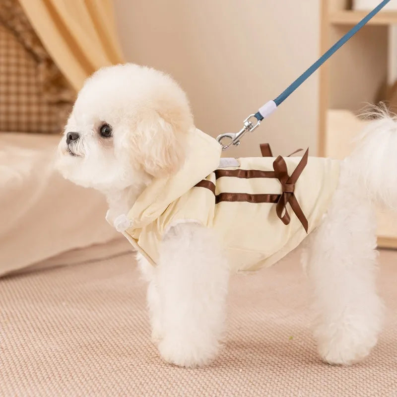 Hooded padded pet vest with bow ties for small cats and dogs, beige and pink, sizes XS to XXL