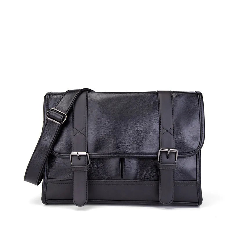 Black Korean-style men's commuter backpack with anti-theft function and PU material construction.