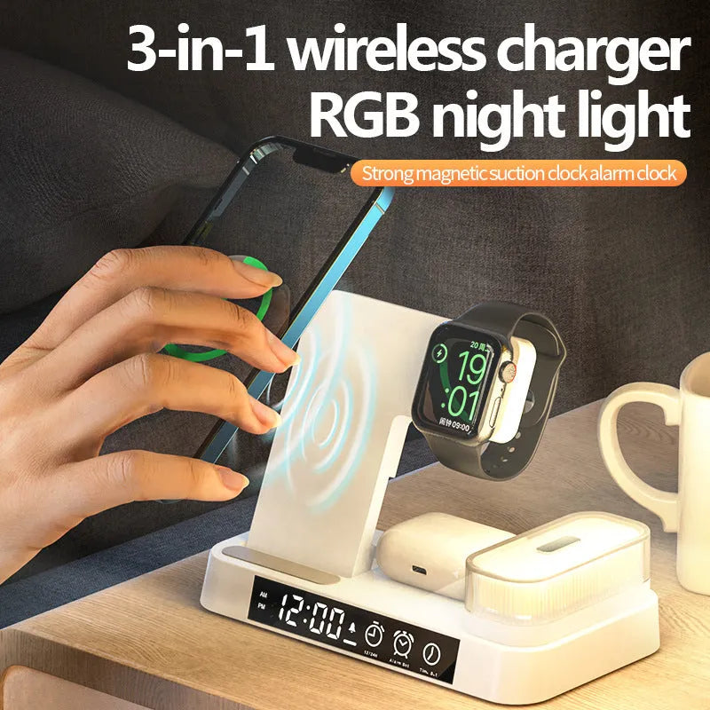 Foldable wireless charging station showing alarm clock display, RGB night light, and phone charging surface