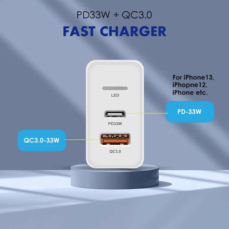 PD48W fast charging travel charger with type-C USB port and indication light