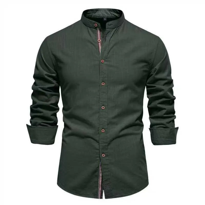 Men's solid colour long sleeve shirt in army green hemp blend fabric, non-iron, casual fit