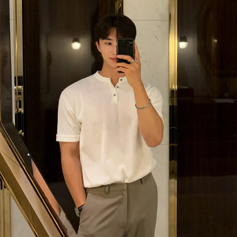Men's slim-fit ice silk knitted short-sleeved pullover shirt in black, khaki or white