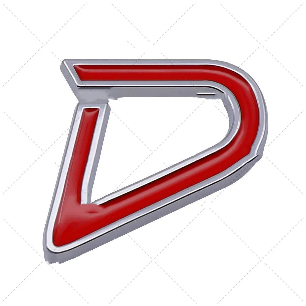 Metal car bumper sticker showing SD geometric pattern in red and silver colours.