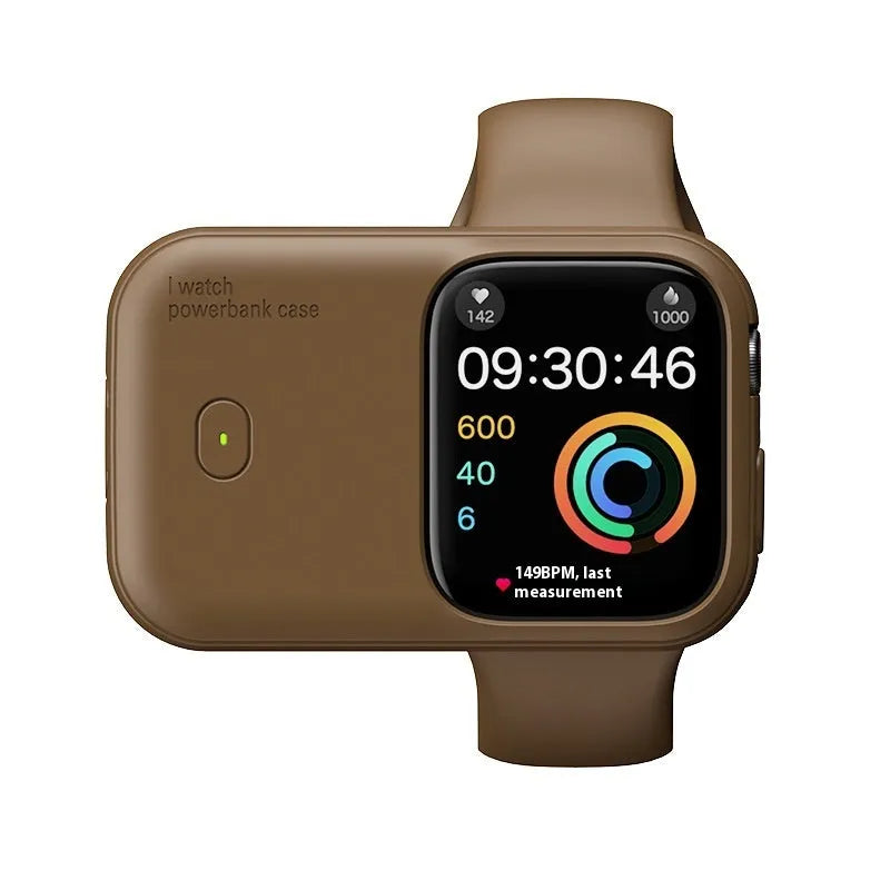 Apple Watch portable wireless charging case with silicone protective cover in Brown, Midnight Blue, or Starlight.