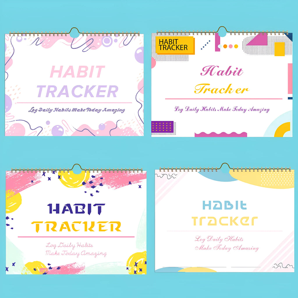 12-page habit tracking journal in pink and white, showing its 21cm by 28cm size.