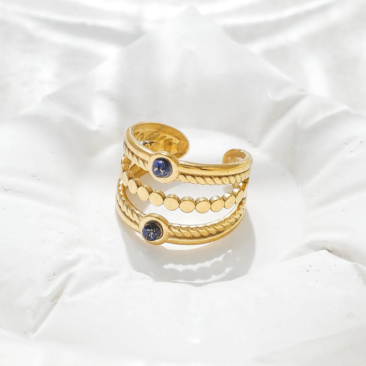 Natural stone multi-layer open ring in 304 stainless steel gold plated adjustable size geometric twist palace style unisex