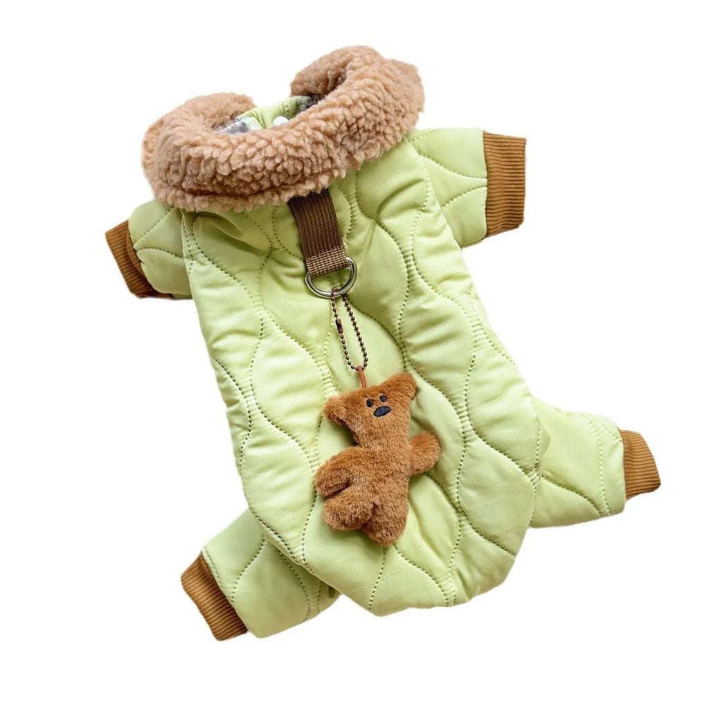 Light green cotton pet clothing with extra thick band and hanging strap toy bear, sizes XS to XXL
