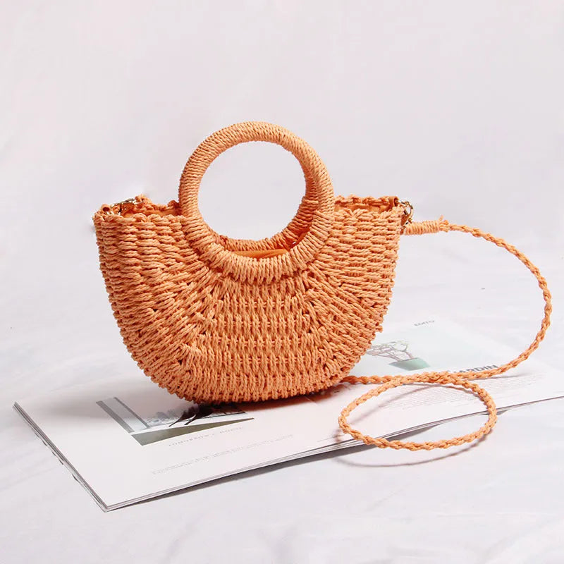 Seaside vacation beach mini straw bag in white with woven texture and open pocket design