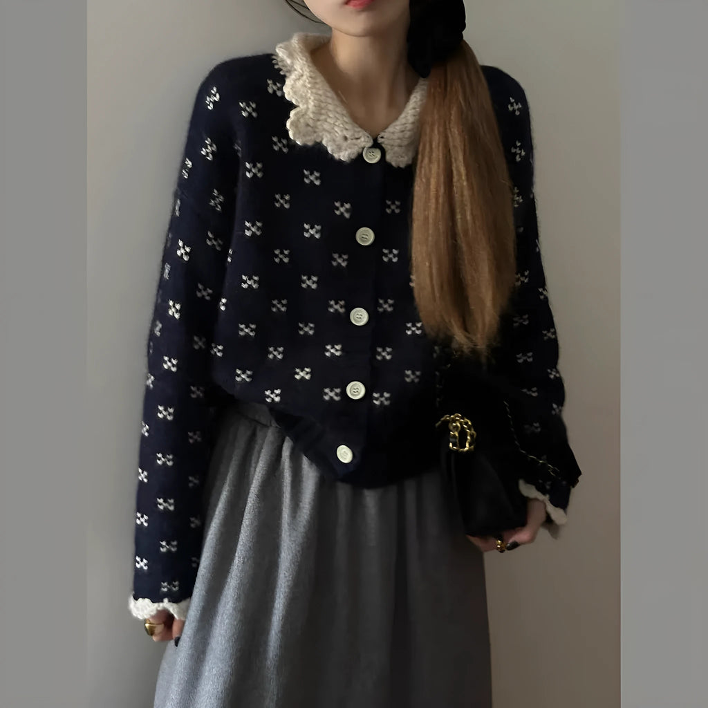 Retro Peter Pan collar knitted cardigan coat with floral embroidery in navy blue colour