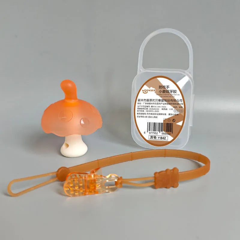Small mushroom gum food grade silicone gel teether in pink or nano colour with transparent box.