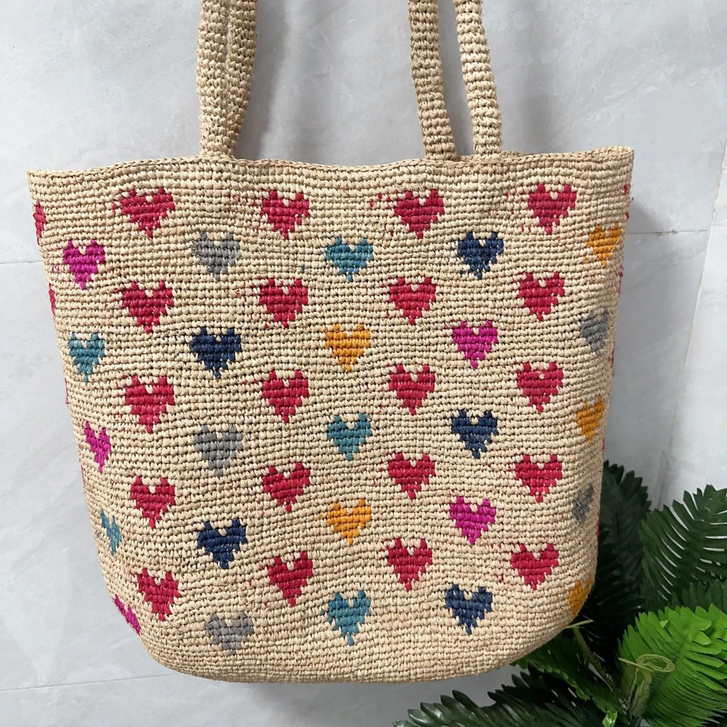Grass colour raffia woven bucket shoulder bag for women with love embroidery and straw-style weaving