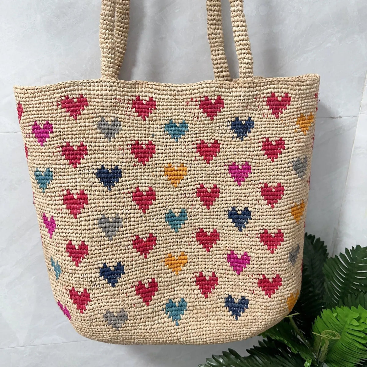 Grass colour raffia woven bucket shoulder bag for women with love embroidery and straw-style weaving