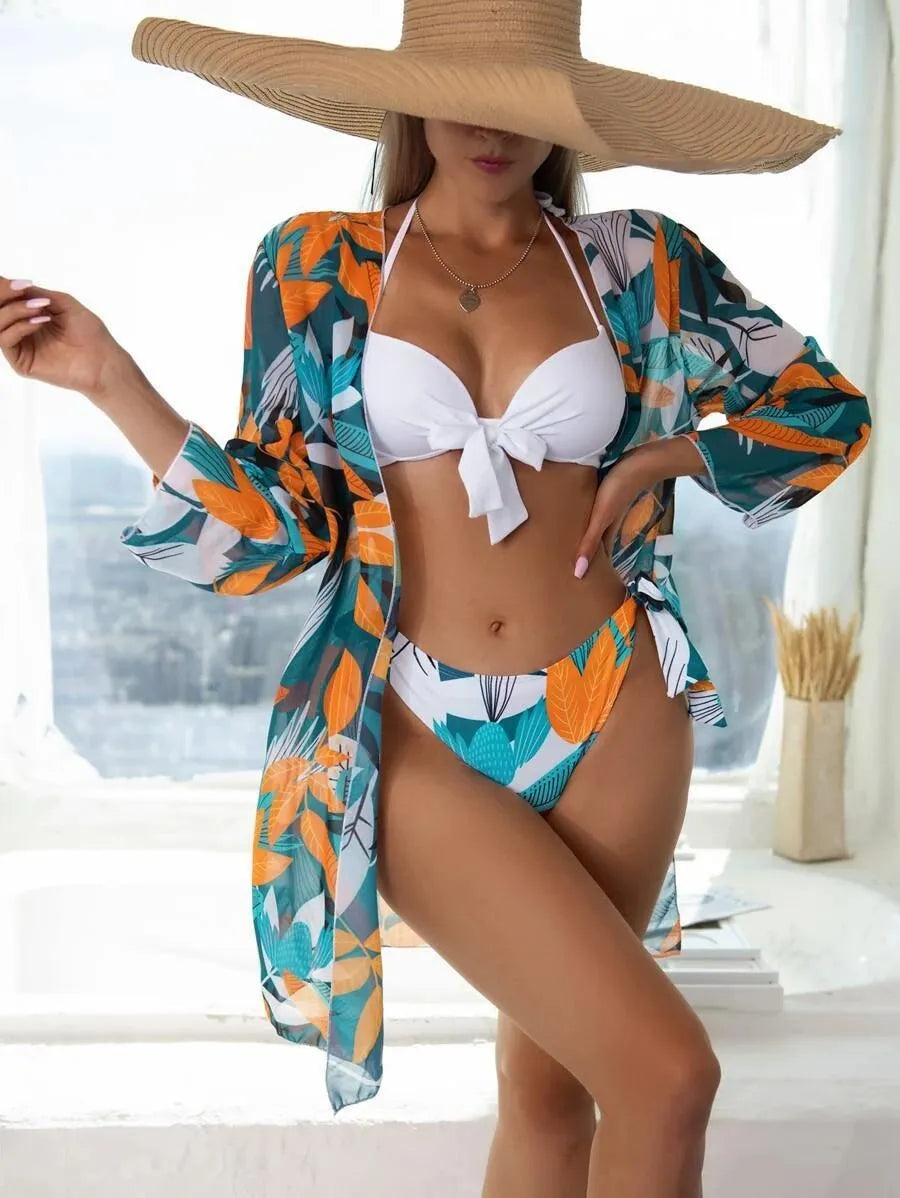 Women's three-piece mesh bikini swimsuit set with cover-up coat in quick-dry polyester