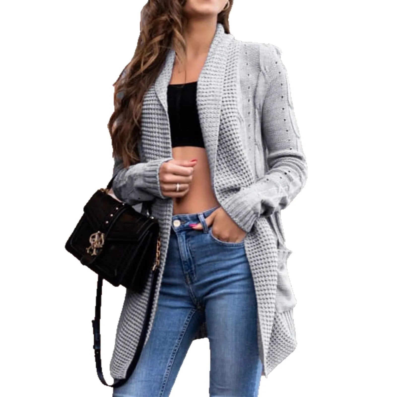 Grey women's thick viscose cardigan coat with practical pockets and medium length design