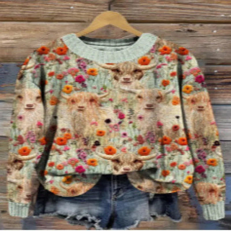 Women's round neck sweater with a small floral digital print pattern.