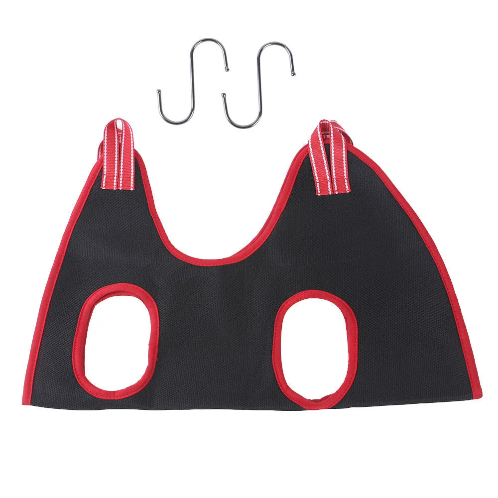 Mesh pet grooming restraint hammock bag shown in use for nail trimming a cat.