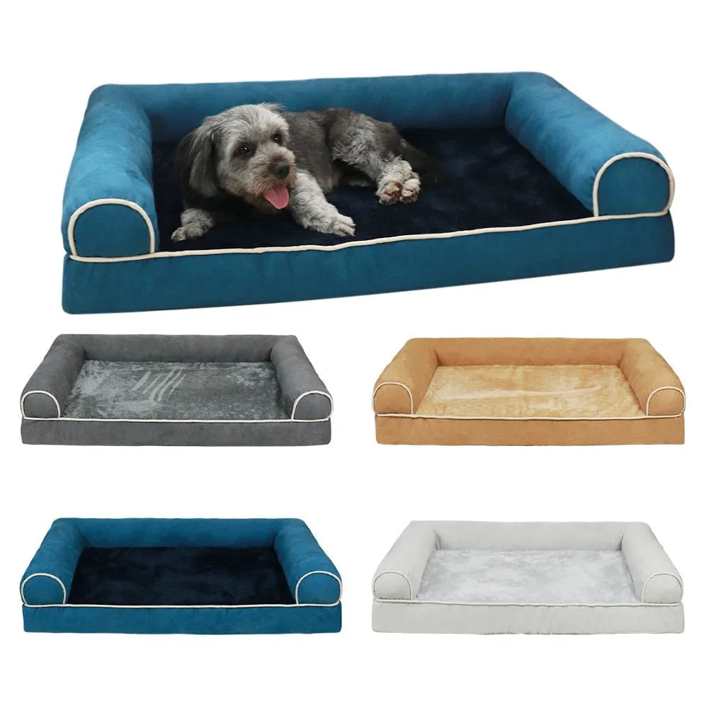 Square blue cloth dog bed with sponge filling, shown alongside dark grey, khaki, and beige colour options.