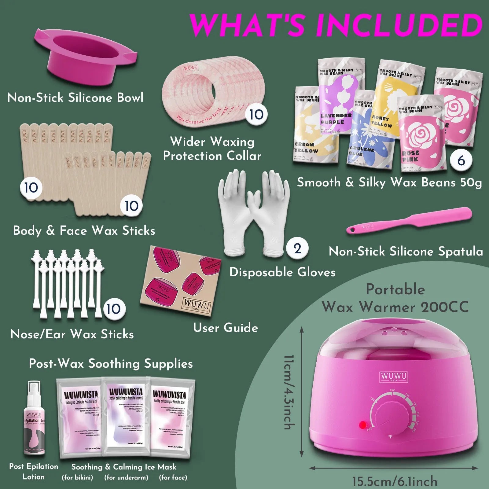 WUWUVISTA 56-piece professional waxing kit with black wax warmer, pots of coloured wax beads, silicone applicators, and aftercare products.