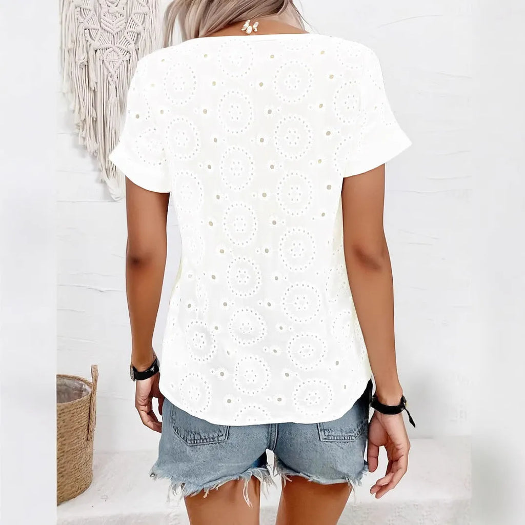 White loose-fit V-neck T-shirt with hollow French design detailing and short sleeves