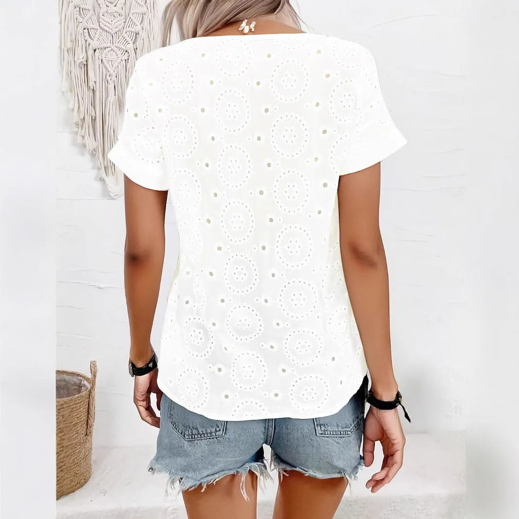White loose-fit V-neck T-shirt with hollow French design detailing and short sleeves