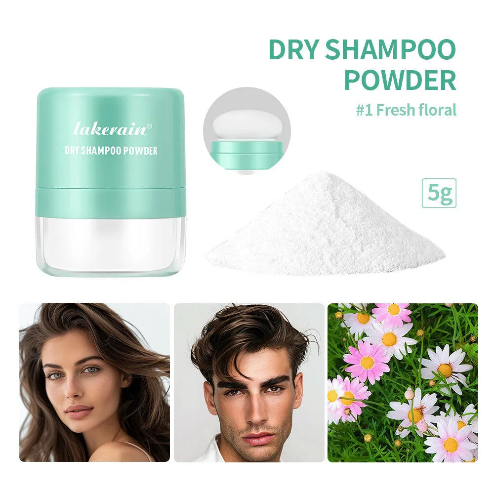 5g dry shampoo powder sachet with sponge applicator and headband mirror in blue, green, and red packaging options.