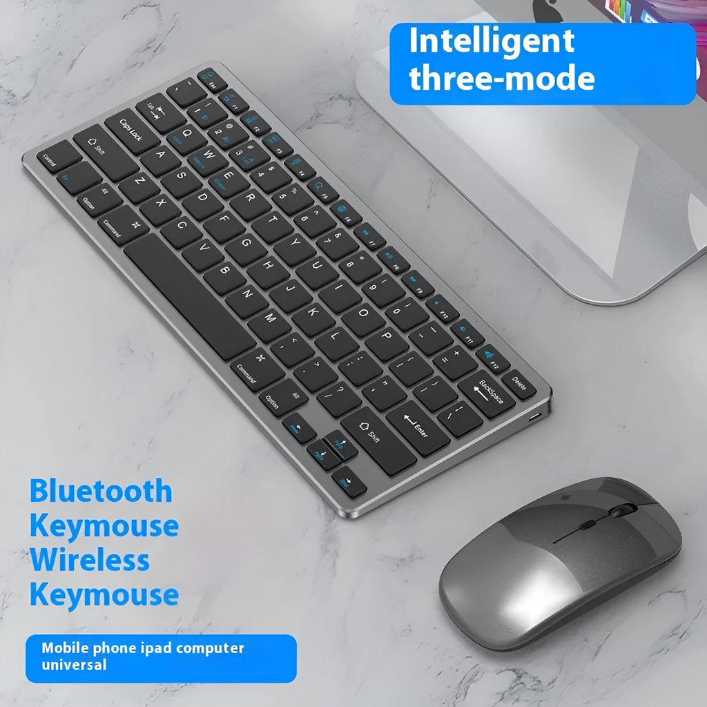 Ultra-thin wireless keyboard and mouse suit in black, gun colour, or silver with rechargeable design and included accessories