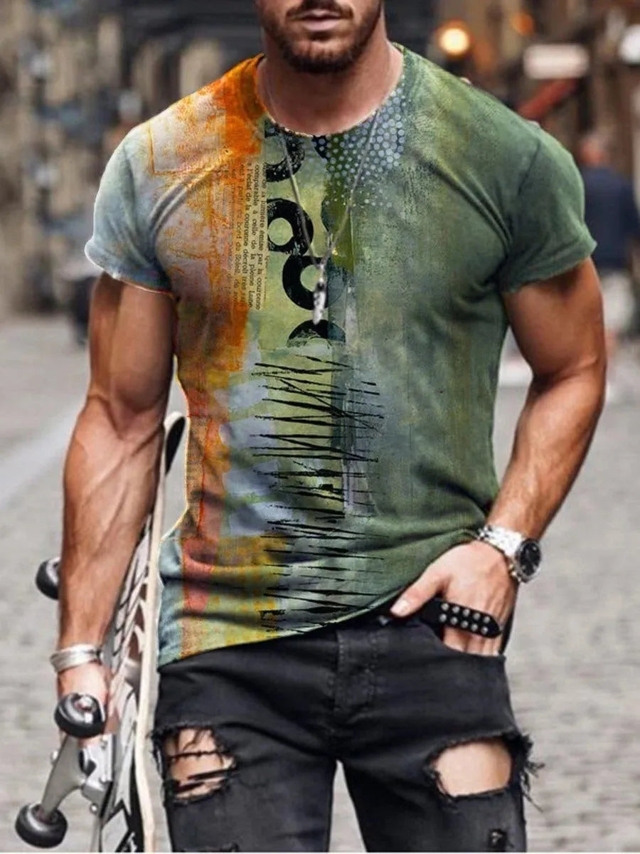 Men's camouflage print short-sleeved t-shirt in milk silk polyester, loose fit pullover style