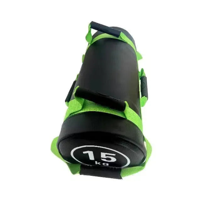 Flat white PVC gym sandbag for weight training, shown with weight options from 5kg to 30kg.