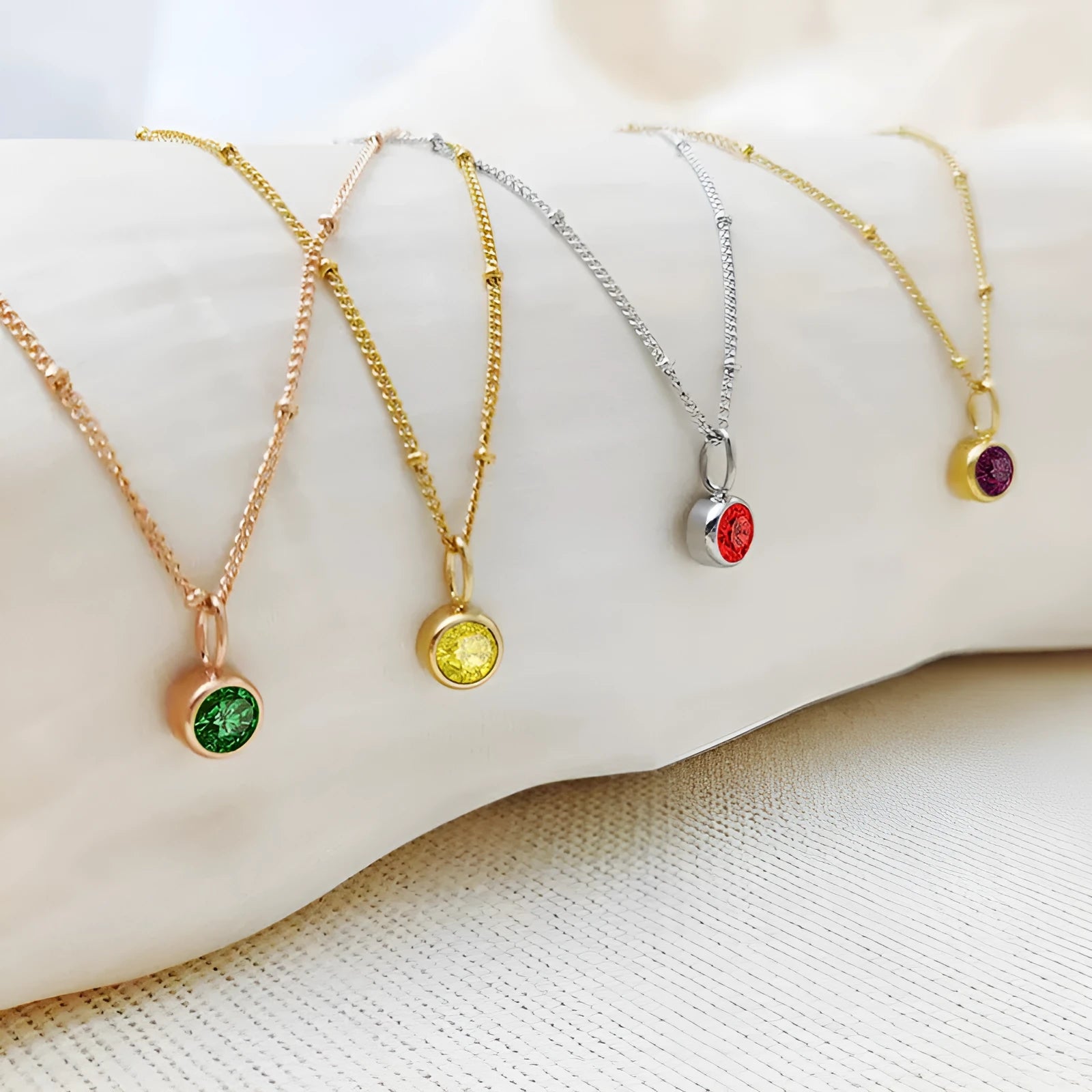 Stainless steel birthstone necklace with round pendant and ball bead chain in multiple colour options