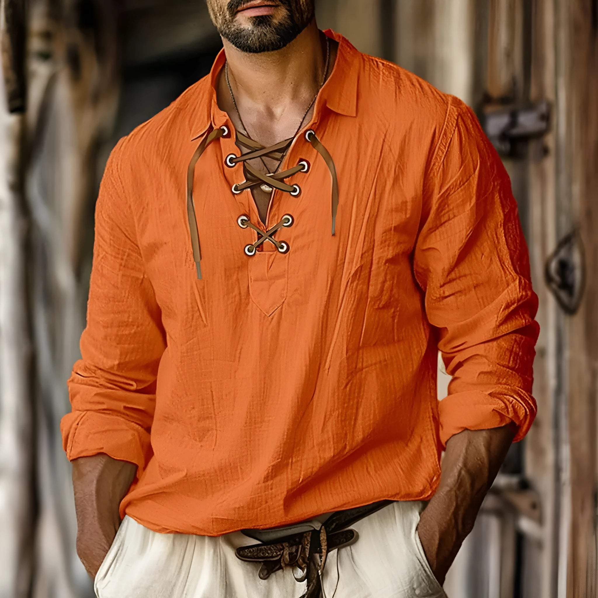 Men's plus size loose-fit linen shirt with lapel collar and lace detailing in solid colours