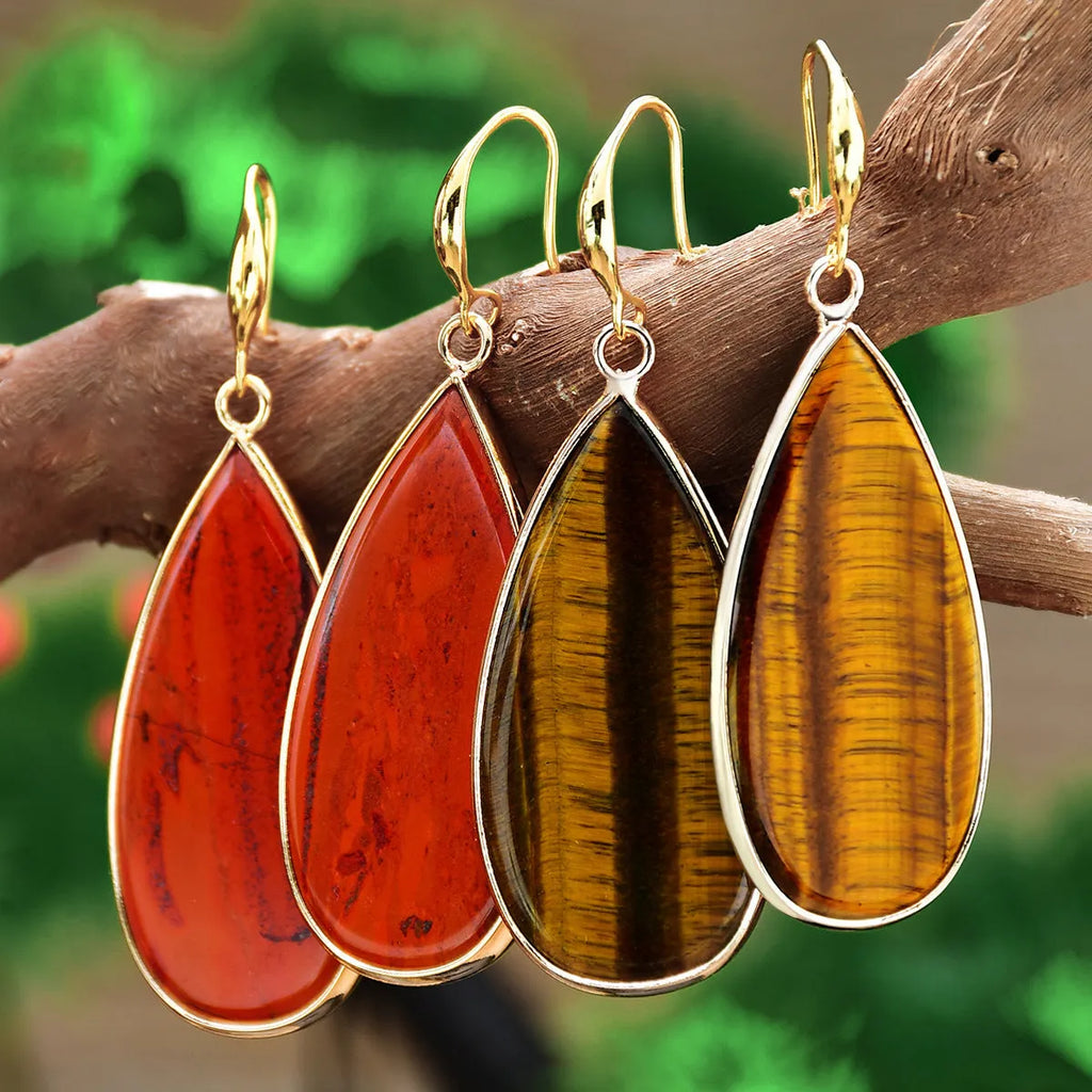 Vintage long water drop stone earrings in Tigereye, amethyst, pink crystal, Redstone and turquoise colours