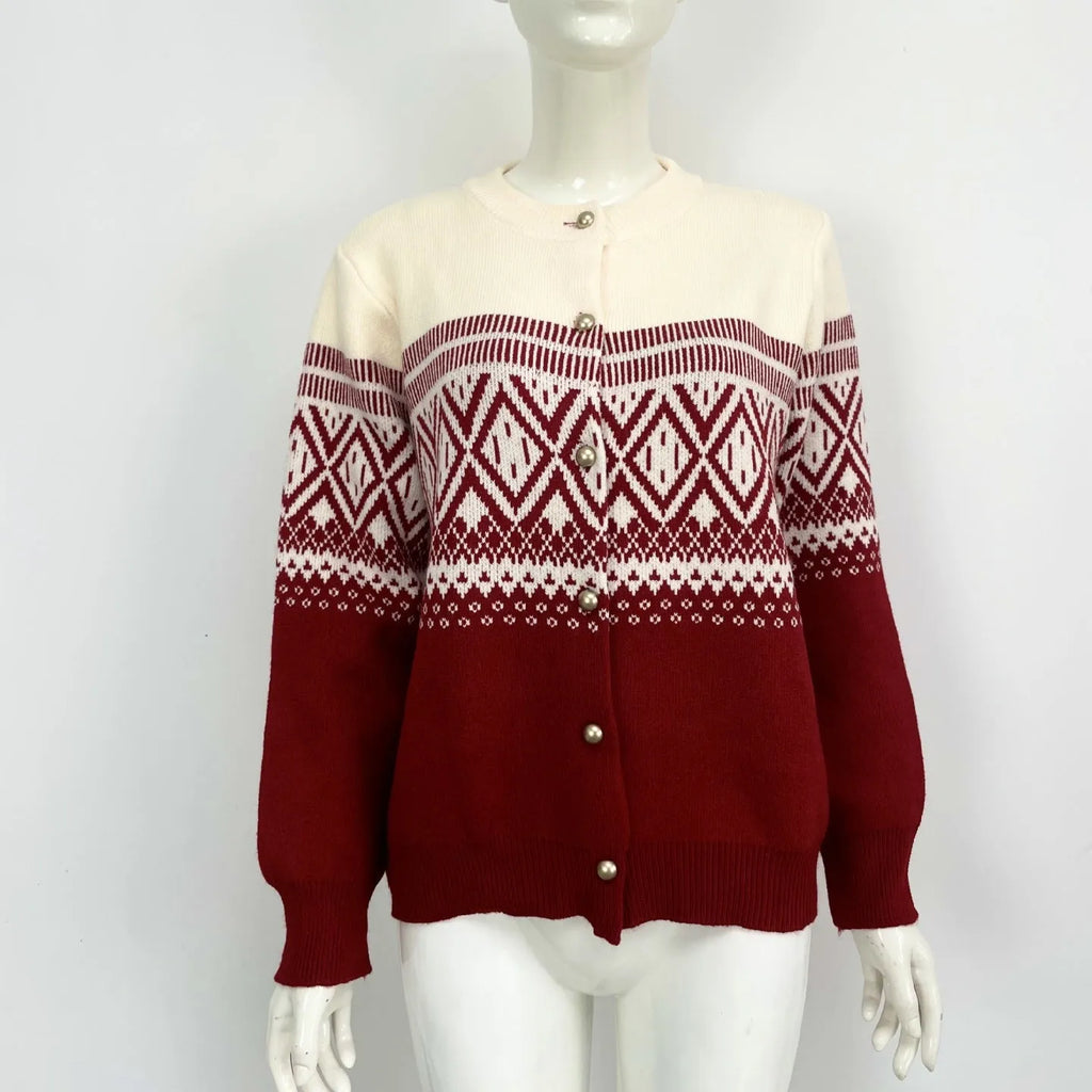 Women's alpaca wool blend cardigan with diamond knit pattern and long sleeves in street fashion style