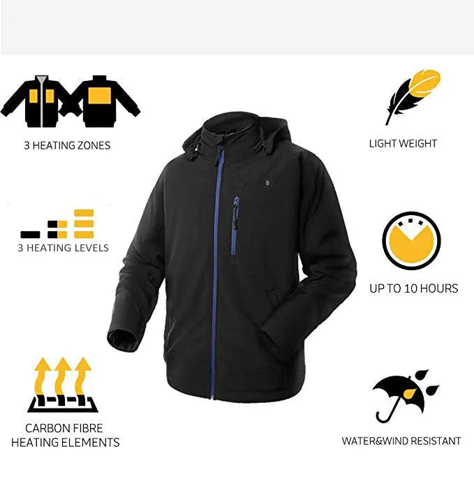 Black men's USB electric heating winter coat with long sleeves and straight hem