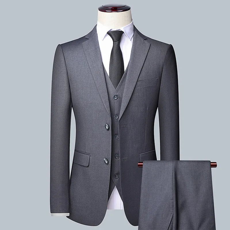 Men's South Korean-style slim-fit business two-button suit set in gray colour showing coat and trousers