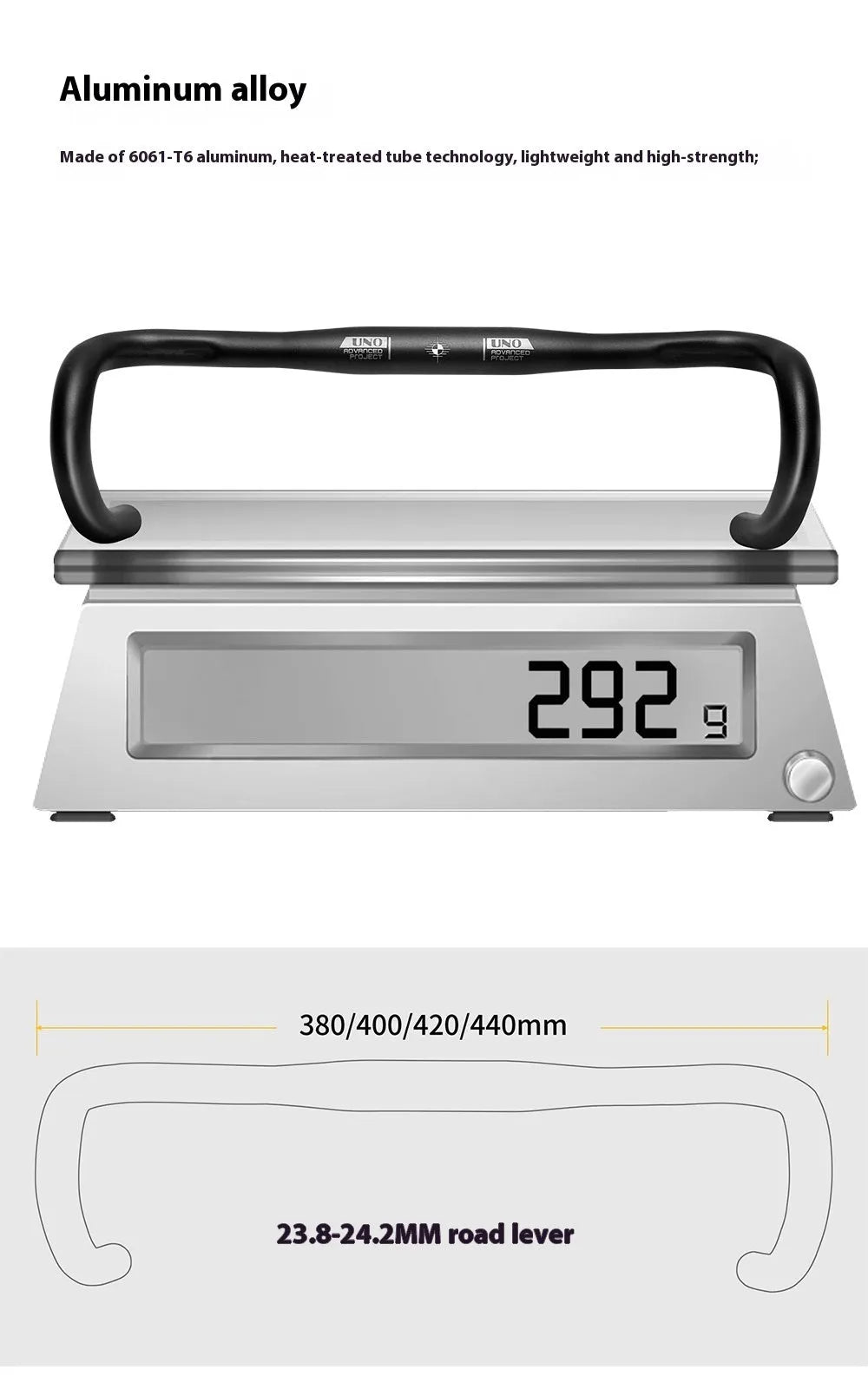Black aluminium alloy road bike drop handlebar showing bend profile and UNO printing marks.