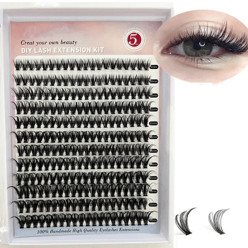 DIY mixed package of 30D and 40D cluster false eyelashes with tweezers on a pink background.
